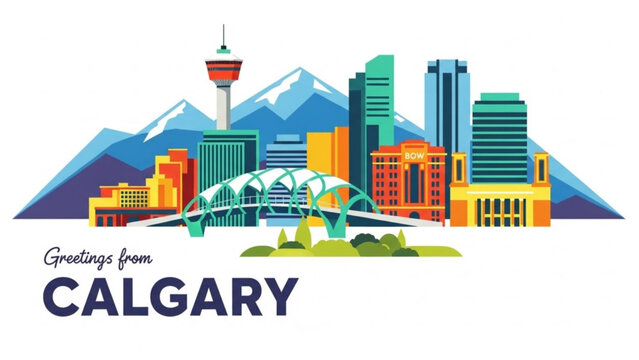Vibrant illustration of calgary cityscape with iconic tower, bridge, and mountain range, greetings from calgary with Canada with Alberta
