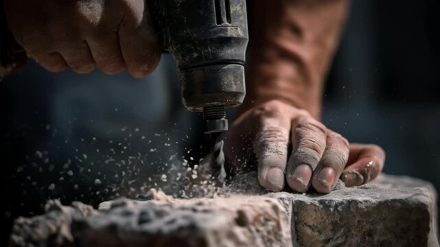 Close up hands of professional worker using a power hammer to drill a hole in a stone