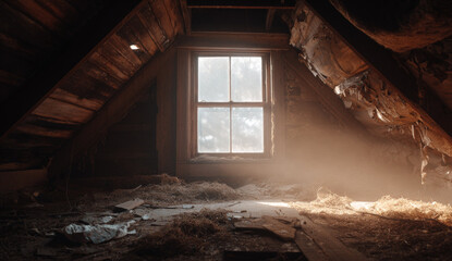 Dusty attic with aged wooden beams, an old window, and scattered debris illuminated by sunlight streaming through the window