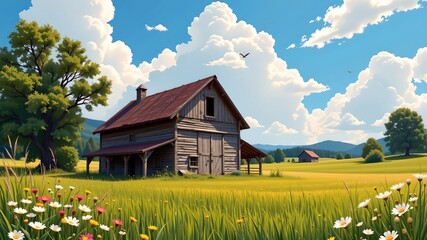 Barn Amid Lush Meadows Under Blue