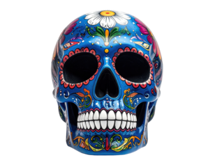 Colorful Decorative Skull Featuring Floral Patterns and Vibrant Artistry on a Transparent Background