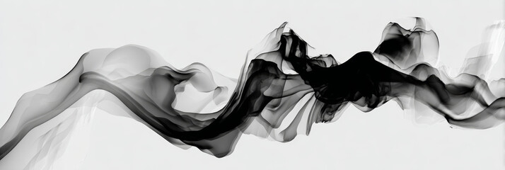 Dynamic black and white smoke wave with flowing, wispy textures and smooth, billowing forms in monochrome tones