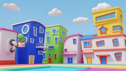 Cute cartoon vector illustration of a vintage city street featuring a seamless design of urban houses, apartment buildings, and small shops with old roofs and windows under a blue sky