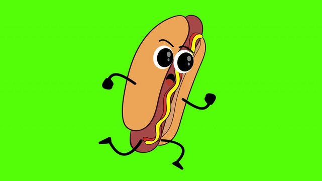 Running hot dog cartoon character loop animation on green screen
