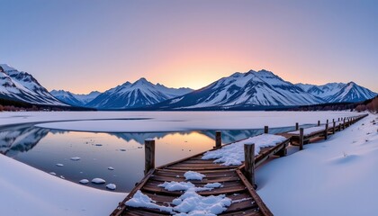 Frozen Lake Sunrise Over Snowy Mountain