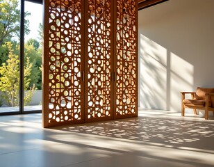 Modern Wooden Room Divider with Sunlit Shadow Patterns