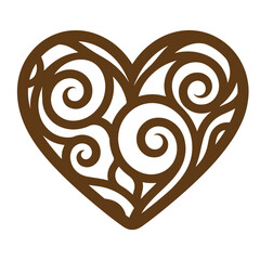Vintage heart shape with swirling patterns and lines in brown color on white background