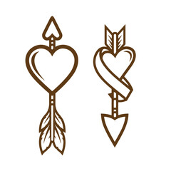 Vintage heart shaped arrows with feathers and ribbon on white background