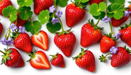 Fresh Strawberries and Clover Leaves with Wildflowers Natural Light