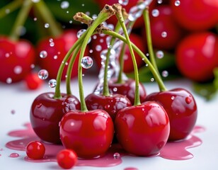 Closeup Juicy Ripe Cherries with Water Droplets
