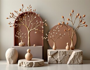 Minimalist Botanical Sculpture Arrangement Muted Tones