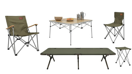 Collection of 5 Portable Folding Camping Furniture Items including Chairs, Table, Cot, and Stool for Outdoor Adventure and Campsite Design