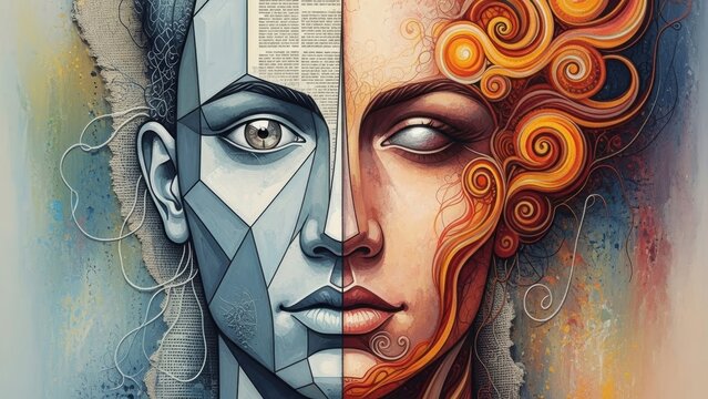 Abstract representation of dual human nature blending logical structure with creative intuition