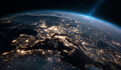 Earth viewed from space showing the entire european continent illuminated by city lights at night, with atmospheric glow and curvature visible