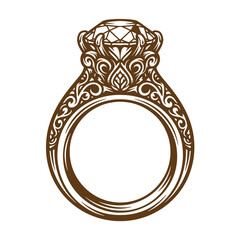 Vintage ornate diamond ring with intricate design and swirling patterns on white background