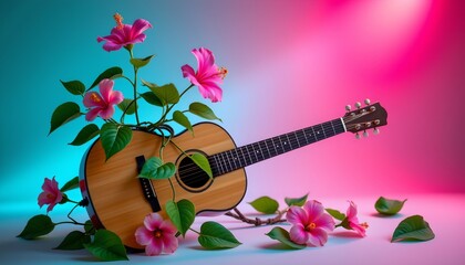 Surreal Guitar with Glowing Hibiscus Dreamy Setting