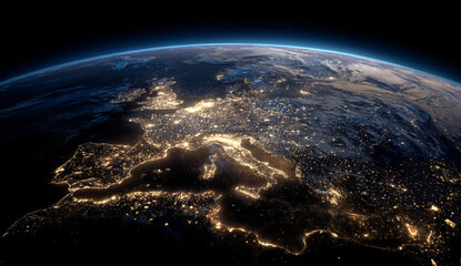 Earth viewed from space showing the entire european continent illuminated with city lights at night