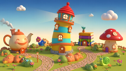 A cute cartoon illustration of a fairy tale castle and fairy tale house set in a winter snow landscape with a Christmas tree, snowman, and Santa Claus for a happy New Year holiday celebration