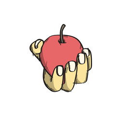hand holding red apple illustration vector sketch with black lines