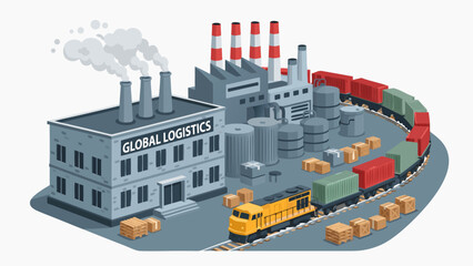 Global Logistics Industry Vector Illustration featuring a train and factory, showcasing the movement of goods and international trade