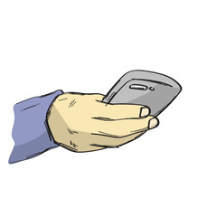 close up hand holding mobile phone illustration vector sketch with black lines