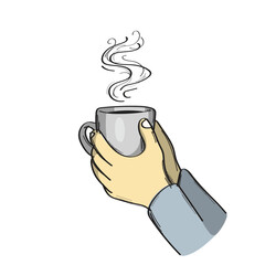 holding steaming cup of tea or coffee illustration vector sketch with black lines