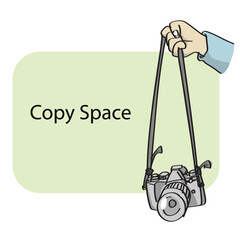 hand holding camera strap on green background with copy space illustration vector sketch with black lines