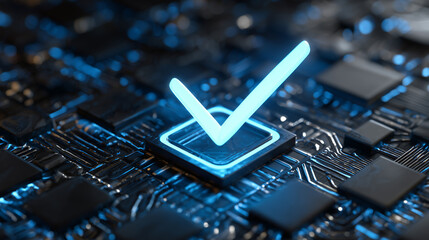 Digital checkmark on circuit board glowing blue. Modern tech concept of data validation assurance system and secure network access. Approve business process