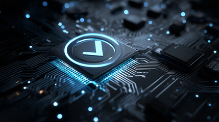 Digital checkmark on circuit board glowing blue. Modern tech concept of data validation assurance system and secure network access. Approve business process