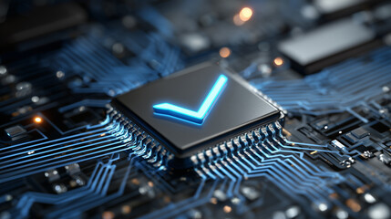 Digital checkmark on circuit board glowing blue. Modern tech concept of data validation assurance system and secure network access. Approve business process