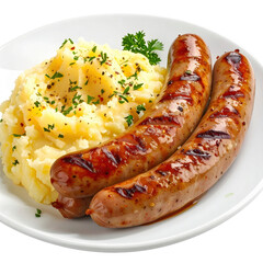 Rustic bangers and mash meal with a spoonful of peas, captured in a studio and isolated on a pure white background.