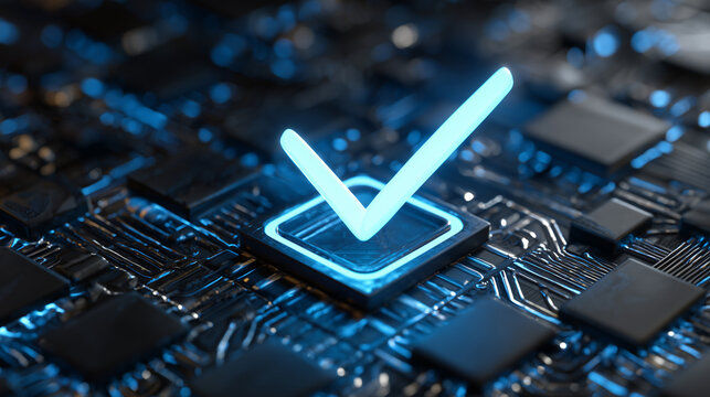 Digital checkmark on circuit board glowing blue. Modern tech concept of data validation assurance system and secure network access. Approve business process - Powered by Adobe