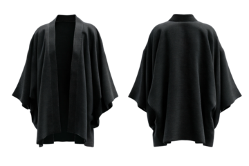 Black kimono jacket front & back views, simple, elegant drape