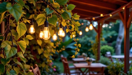Twilight Cozy Patio with String Lights and Lush Greenery