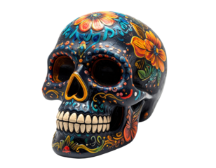 Colorful Decorative Skull with Floral Patterns Symbolizing Mexican Cultural Heritage