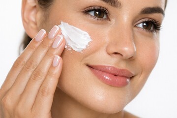 Embracing Radiant Skincare: A woman indulges in a daily skincare ritual, applying a nourishing cream to her skin, showcasing the essence of self-care and beauty.