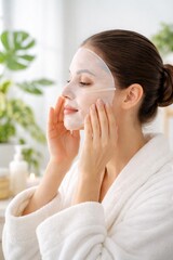 Serene Skincare: A woman indulges in a spa-like experience, gently applying a hydrating face mask, embracing self-care and the pursuit of radiant beauty.