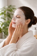 Serenity of Skincare: A woman indulges in a moment of self-care, applying a sheet mask and exuding a sense of peace and tranquility.