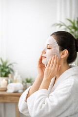 Serene Skincare Ritual: A person is immersed in a tranquil skincare ritual, gently applying a hydrating sheet mask, with eyes closed. This peaceful moment represents self-care and beauty.