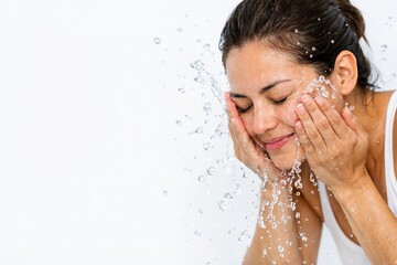 Fresh Face Ritual: Capturing the simple pleasure of daily self-care, a young woman rejuvenates her skin, splashing fresh water upon her face. Evoking a sense of serenity and refreshment. 