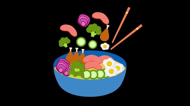 Asian ramen noodle soup ingredients cooking concept animation
