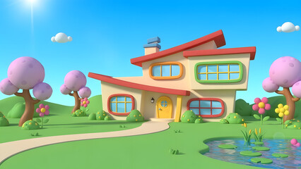 A vector illustration of a cartoon house in the park and garden on a sunny hill featuring a summer landscape with green grass trees and clouds over a real estate cottage design
