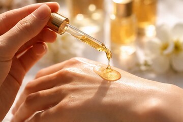 Golden Elixir of Wellness: A close-up shot of a delicate hand gently dispensing a golden elixir, a symbol of beauty, serenity, and natural wellness.