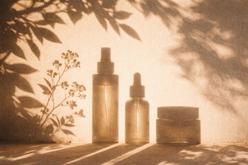 Botanical Wellness: A serene composition featuring cosmetic products artfully arranged with the delicate shadows of foliage, capturing the essence of natural beauty and self-care.