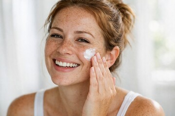 Radiant Skin Ritual: A smiling woman delicately applies moisturizing cream to her face, embodying the essence of skincare and natural beauty.