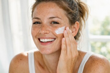 Radiant Skincare Routine: A freckled woman's face radiates joy as she applies cream to her skin, embracing a moment of self-care and enhancing her natural glow.