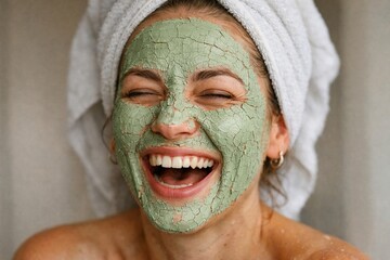 Self-Care Radiance: A woman, radiating pure joy, indulges in a facial mask, showcasing her commitment to wellness and self-care. It's a serene image of beauty and inner peace.