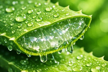 Aloe Vera: Up close, a sliced aloe vera leaf reveals its translucent, healing gel, covered in droplets. The image showcases the raw beauty and beneficial properties of this natural plant.