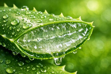 Aloe Vera Freshness: An up-close view reveals a sliced aloe vera leaf glistening with droplets, showcasing its refreshing essence and potential benefits.