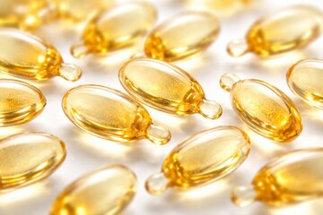 Golden Capsules: A close-up showcases a collection of golden, oval-shaped capsules, each reflecting light to create an appealing visual experience, signifying health and wellness.